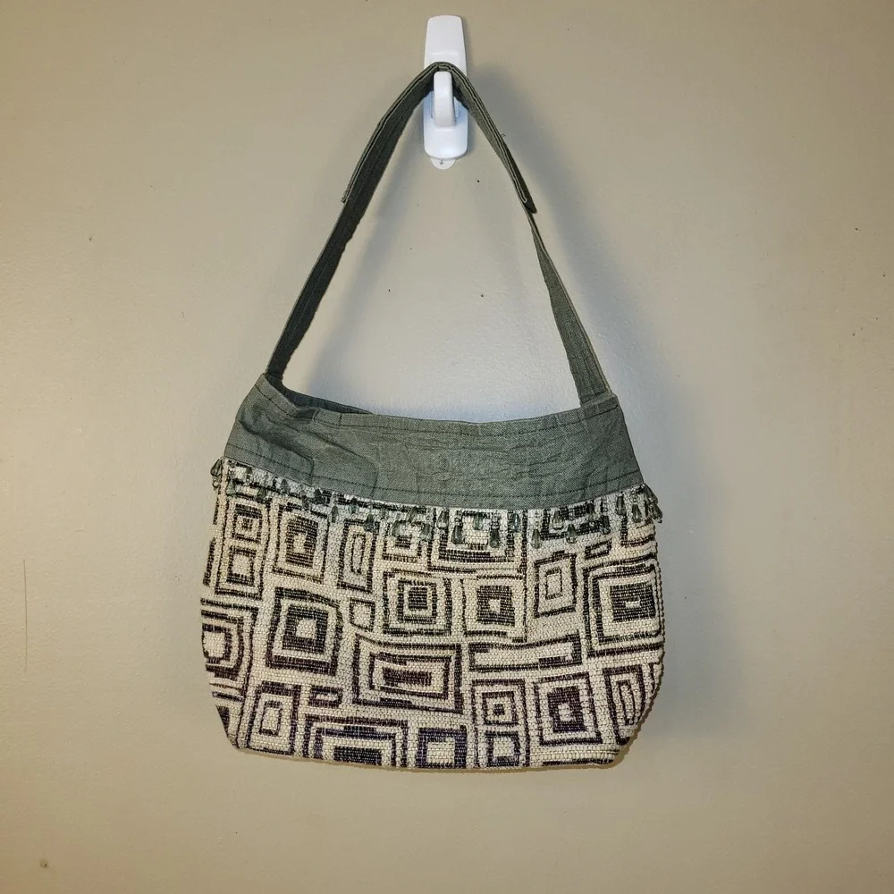 Carolyn Y2K Beaded Shoulder Bag Woven Geometric Boho Hobo Early 2000s‎